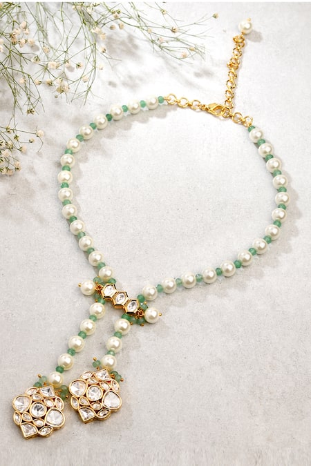 White Agate Stones Kundan Polki Embellished Asymmetric Necklace