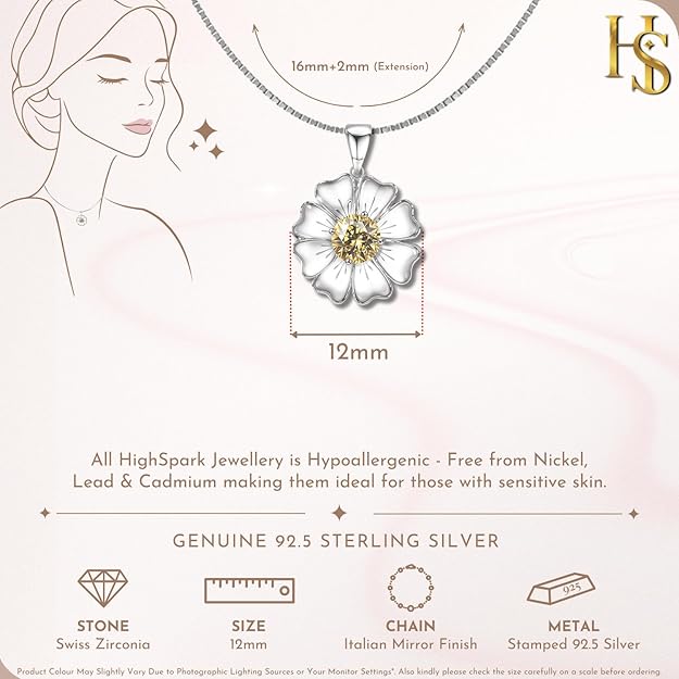 HighSpark 925 Silver Sunflower Solitaire Pendant & Chain| 92.5 Sterling Silver and Diamond like Brilliance Sparkling Zirconia | Lovely Gift - Sunflower