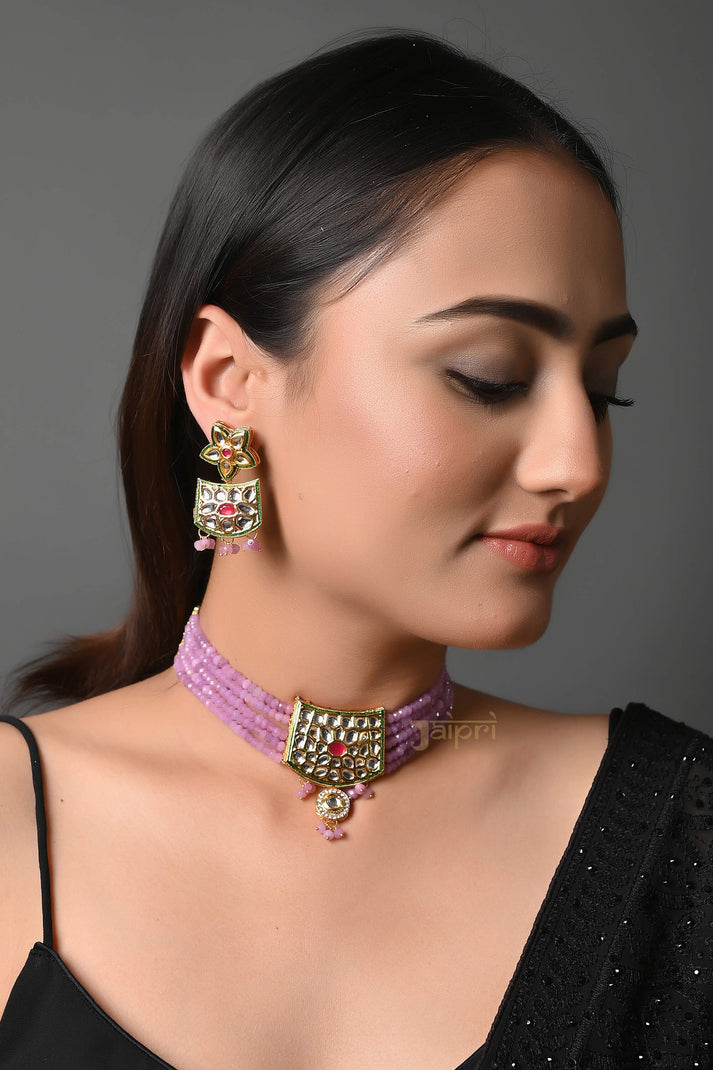 Adorable Purple Beads Stone Kundan-Jadau Choker With Earrings - Classic Megamart