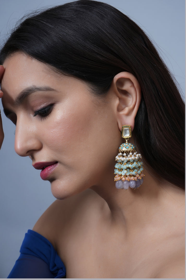 Kundan Jadau Turquoise Peach Beaded Jhumki - Classic Megamart