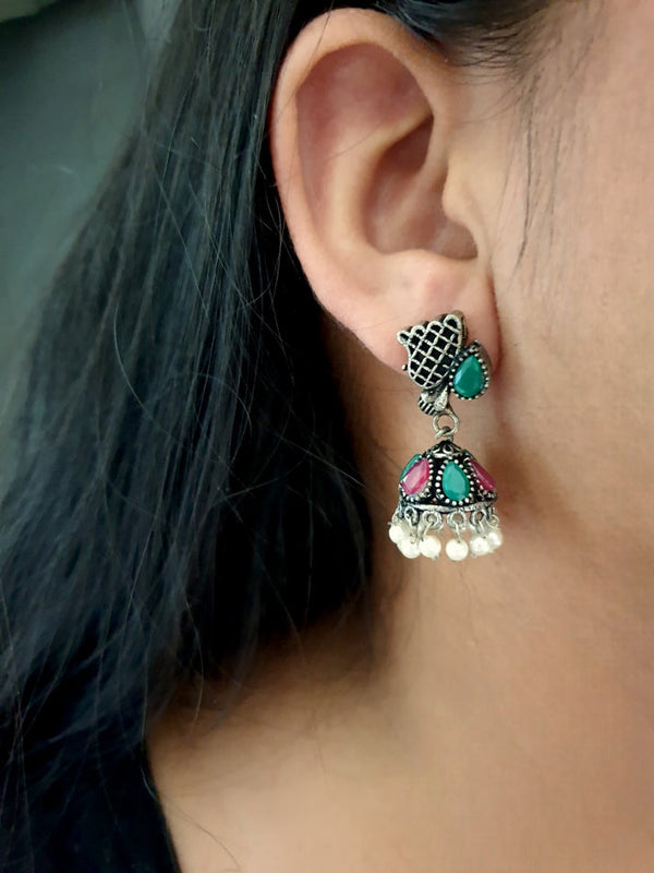 Red Green Stone Oxidised Silver Small Jhumki - Classic Megamart