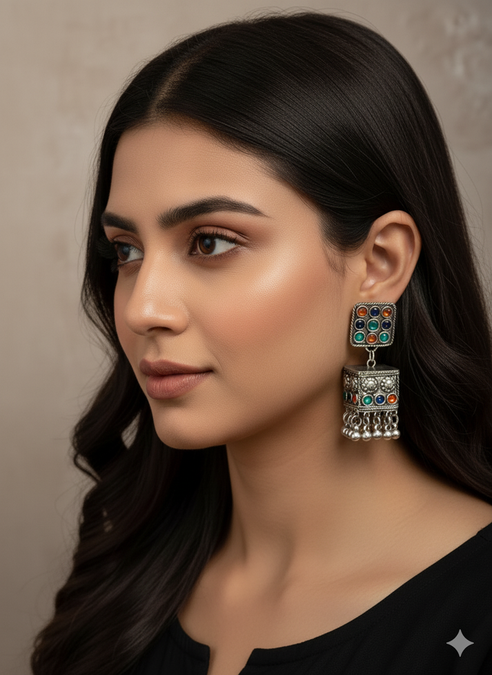 Multi Stone Oxidised Silver Jhumki Earrings - Classic Megamart