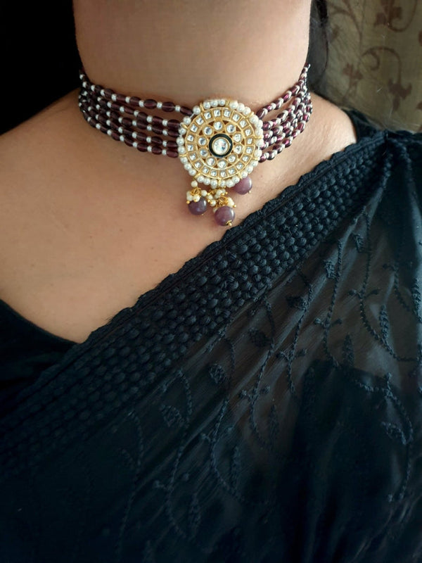 Amethyst Beaded Kundan Choker Set With Earrings - Classic Megamart