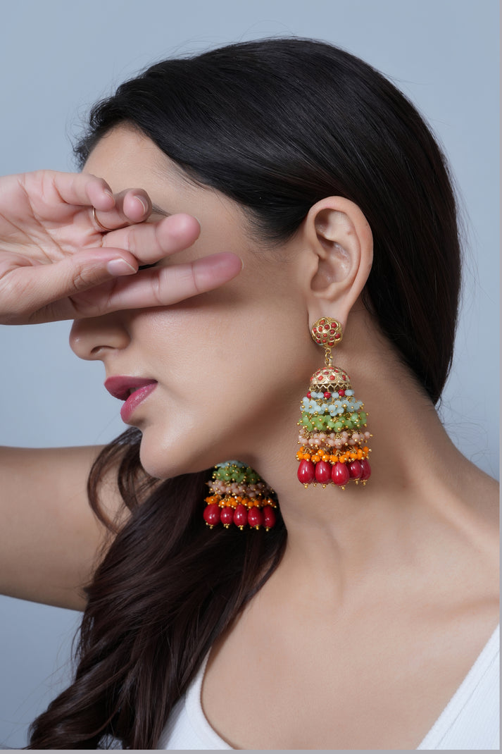Multi Beaded Jadau Jhumki Earrings - Classic Megamart