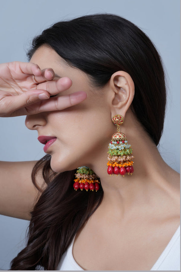 Multi Beaded Jadau Jhumki Earrings - Classic Megamart