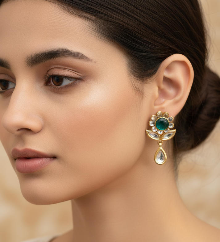 22k Gold Plated Emerald Stone Floral Kundan Earrings - Classic Megamart